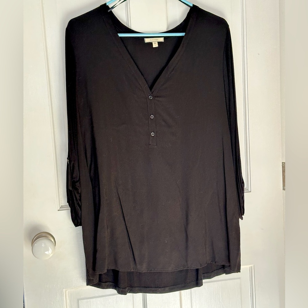 NWOT Pleione black pullover v-neck top with buttons & roll-tab sleeves - size L